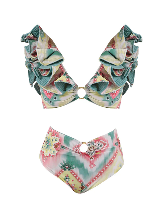 Vintage Print Ruffle Bikini And Cover Up