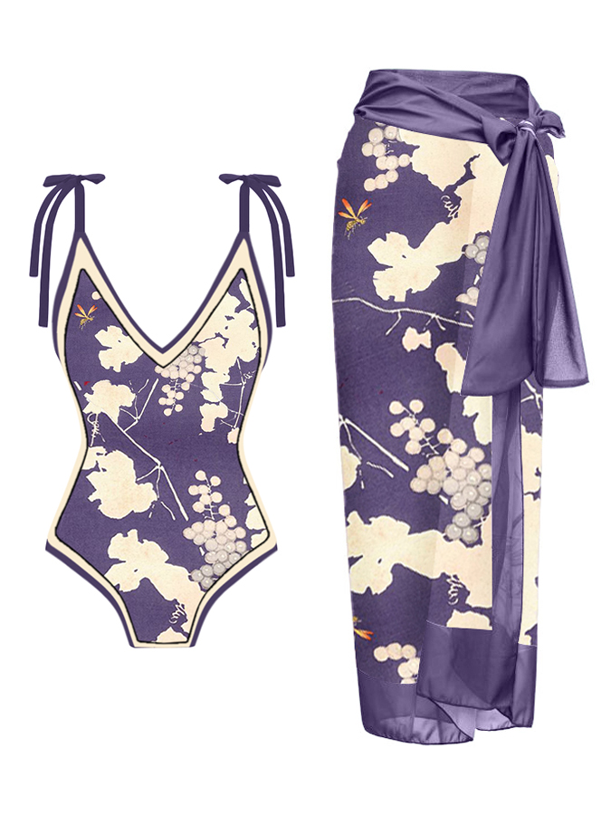 Simple Printed Panel Lace One-Piece Swimsuit