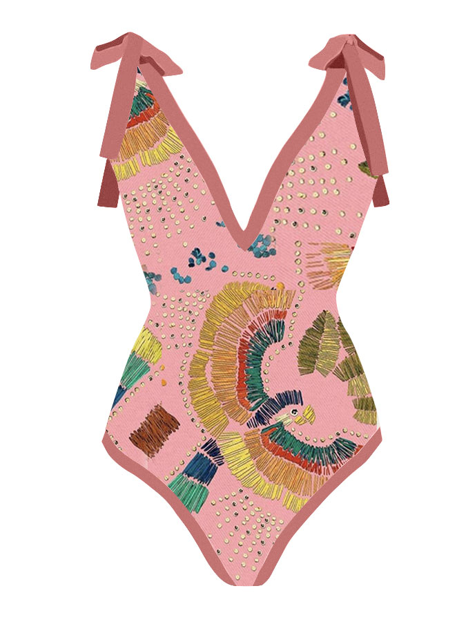 Deep V Print One Piece Swimsuit Set