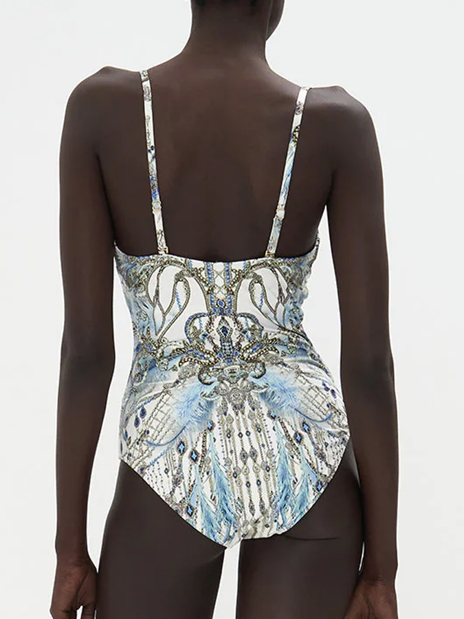 Vintage Court Geometric Feather Print One Piece Swimsuit And Cover up