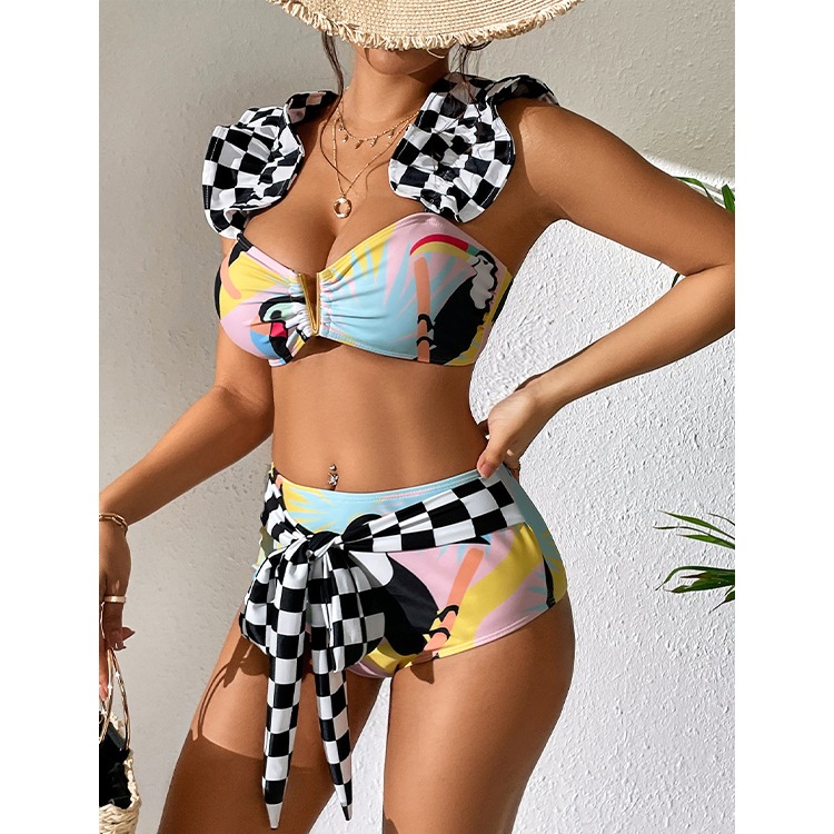 Black and White Check Print Bikini and Cover Up