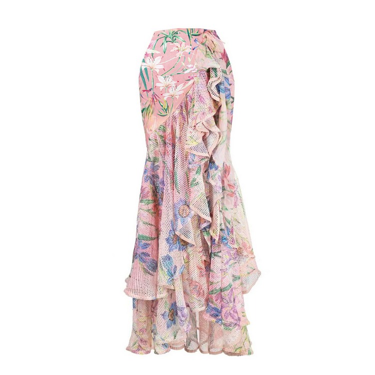 Floral Print One Piece Swimsuit and Mesh Splicing Sarong