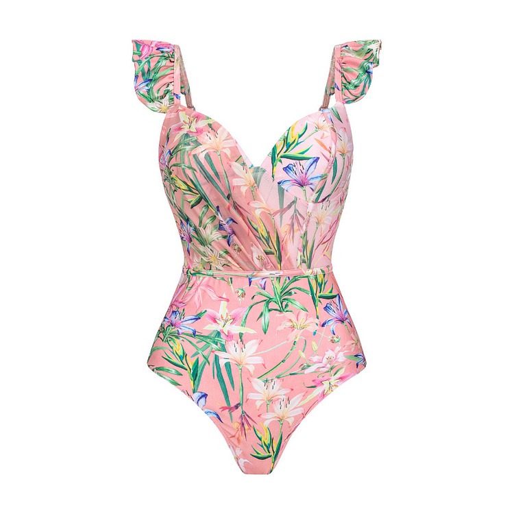 Floral Print One Piece Swimsuit and Mesh Splicing Sarong