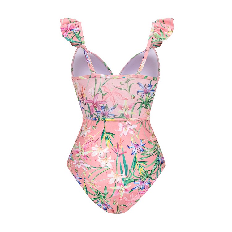 Floral Print One Piece Swimsuit and Mesh Splicing Sarong