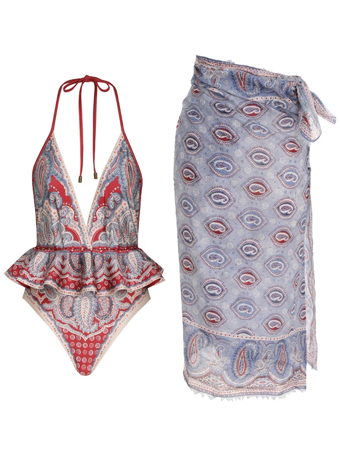 Deep V Neck Halter One-Piece Swimsuit