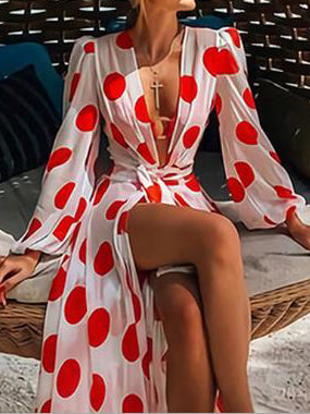 Polka-Dot Floral-Print Puff Sleeves Dress