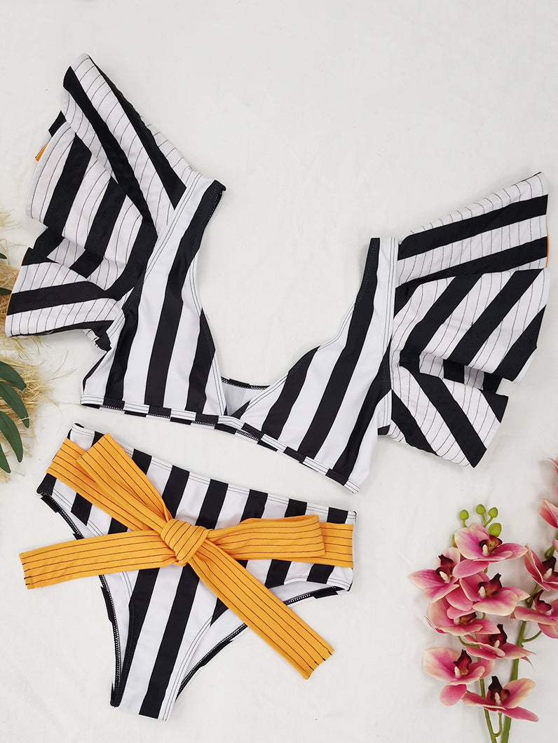 Stripe V neck High Waist Bikini