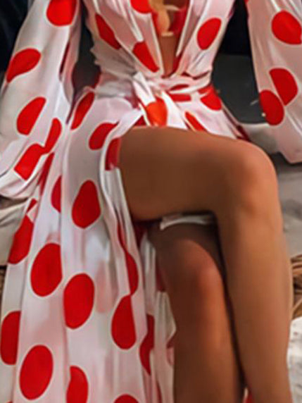 Polka-Dot Floral-Print Puff Sleeves Dress