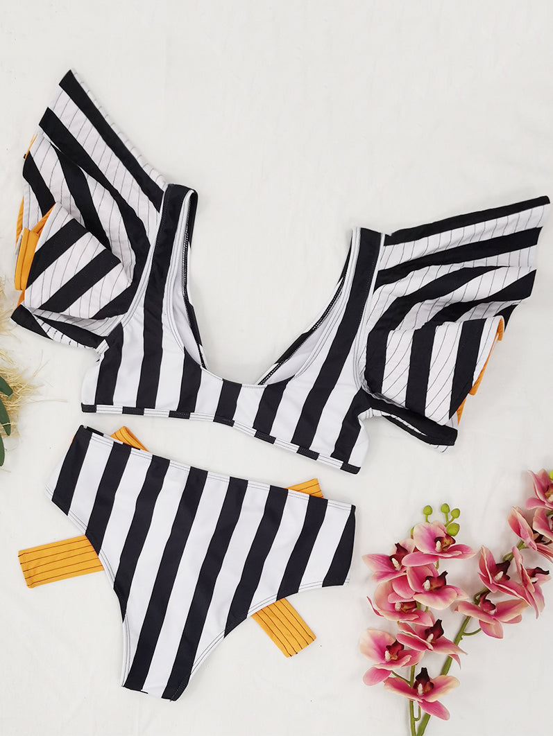 Stripe V neck High Waist Bikini