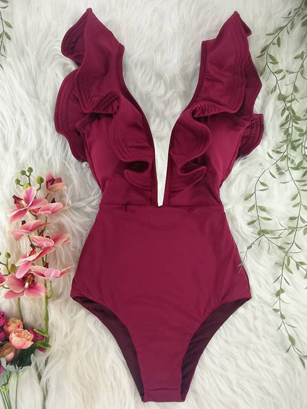 Solid Color Falbala V-Neck Swimsuit