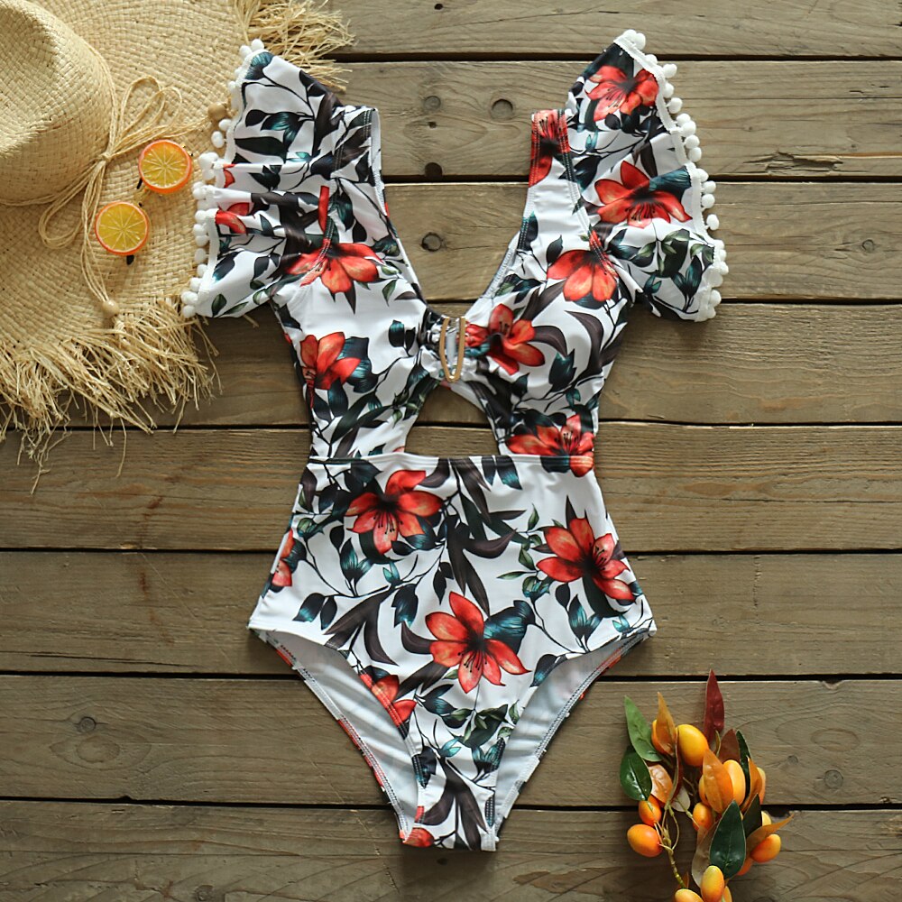 Print One Piece V-Neck Hollow Swimsuit