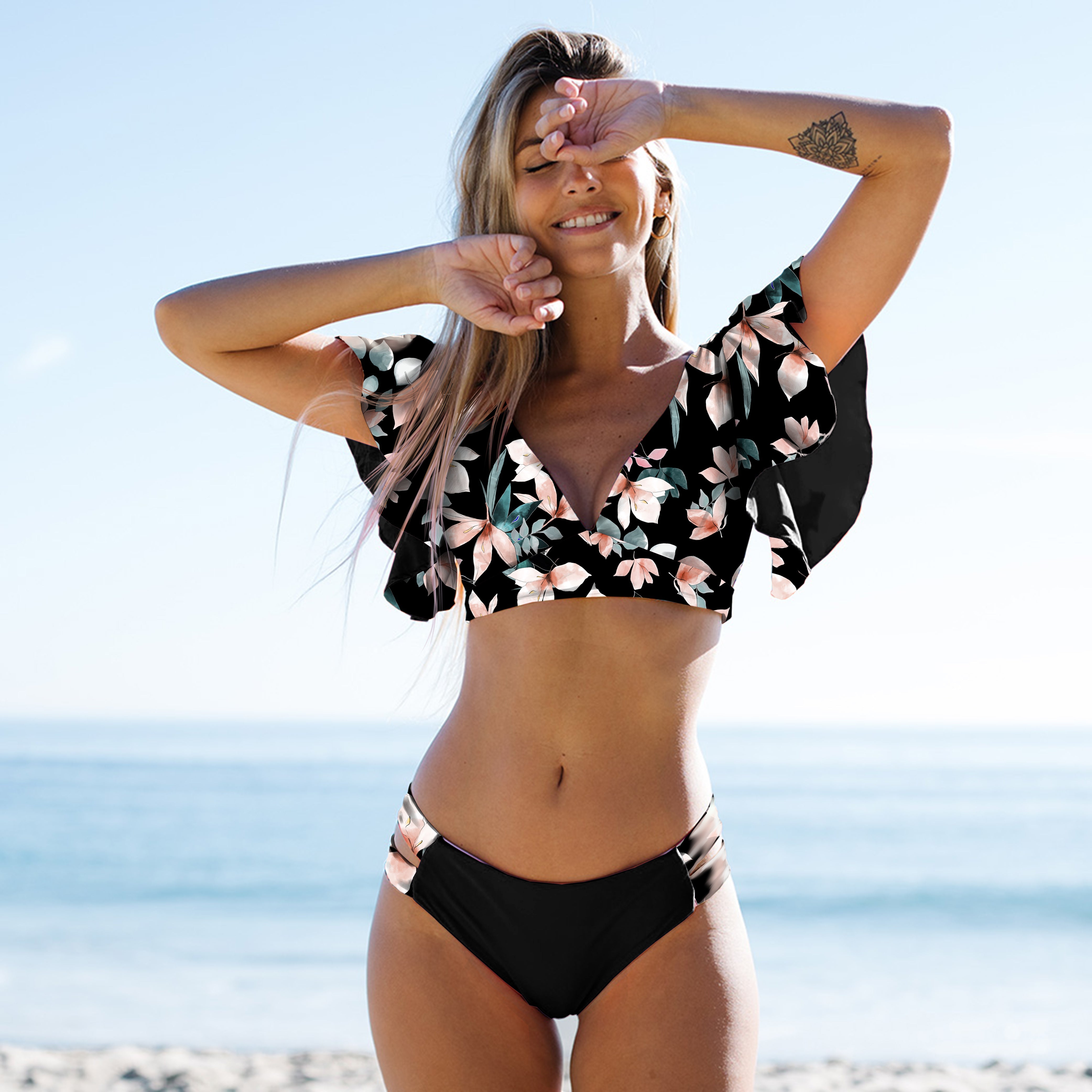 Sexy Ruffle Strappy Floral Bikini Set