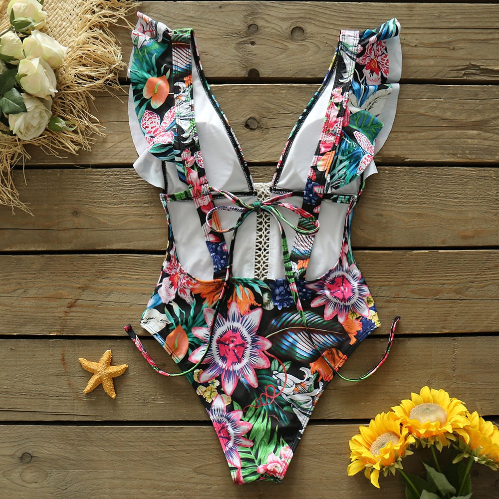 Sexy Ruffle Print Floral One Piece Swimsuit
