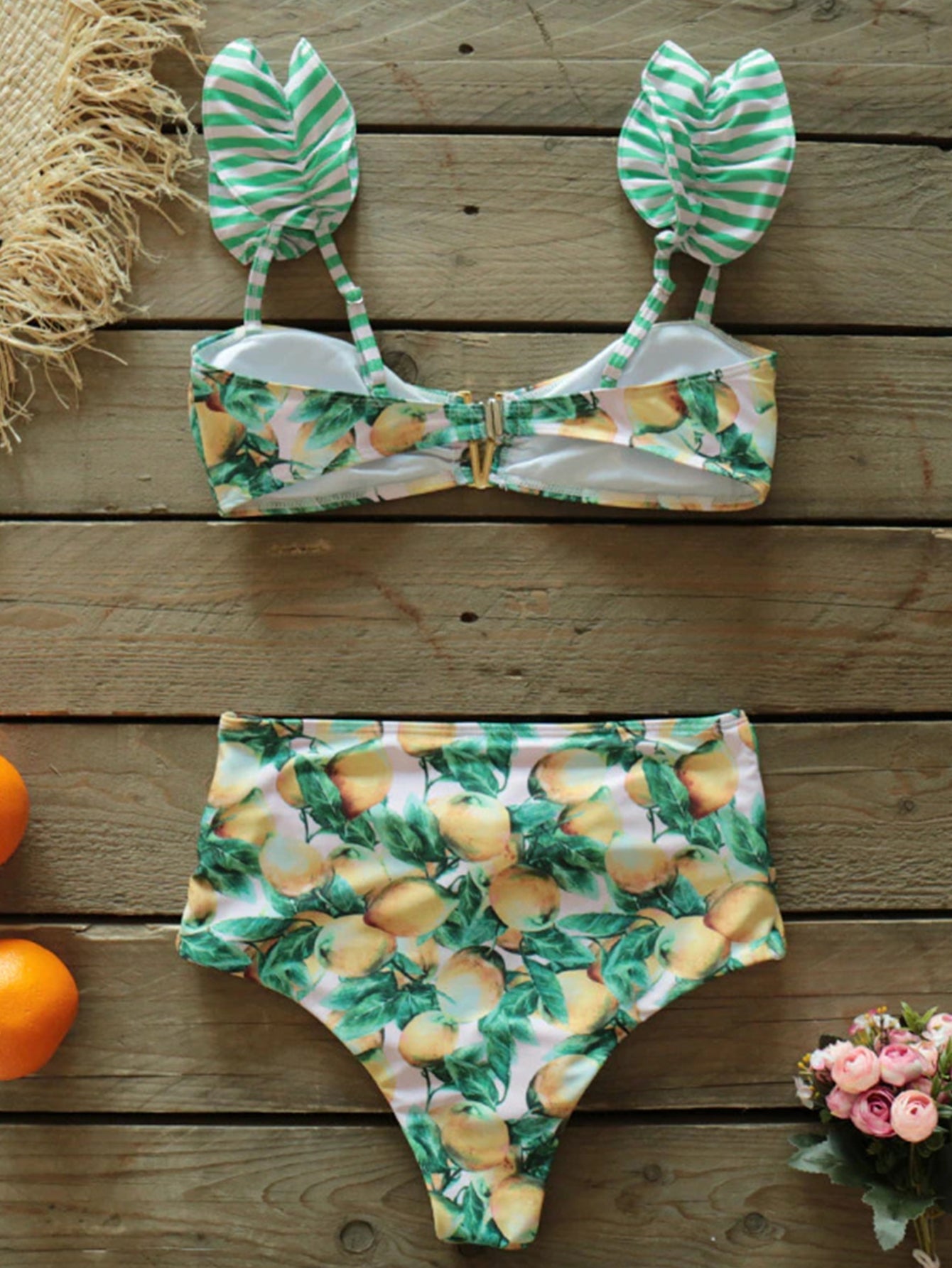 Ruffle Shoulder Lemon Print Bikini Set