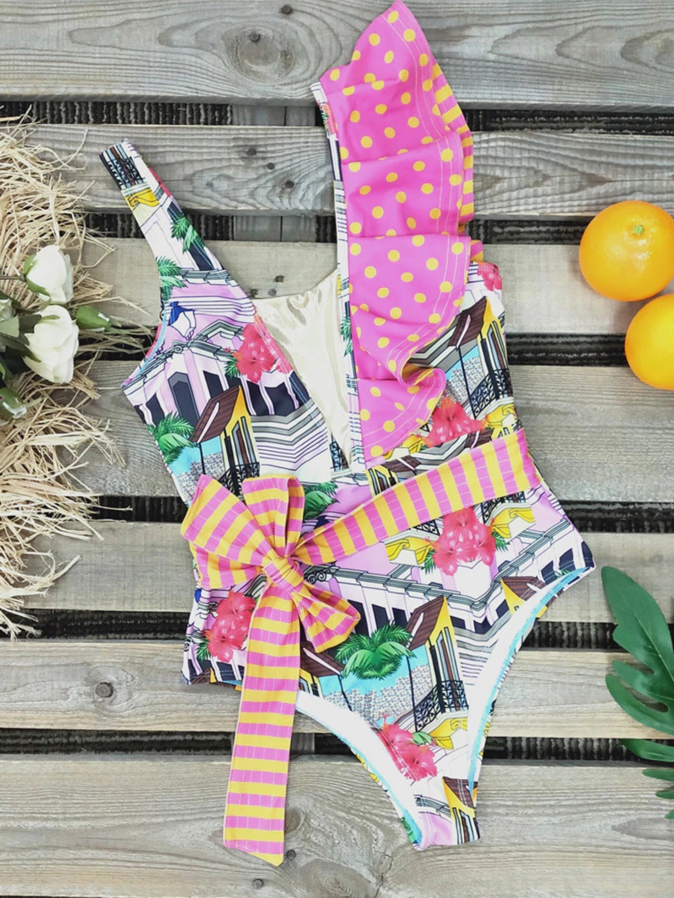 Ruffle Print Belt One Piece Swimsuit