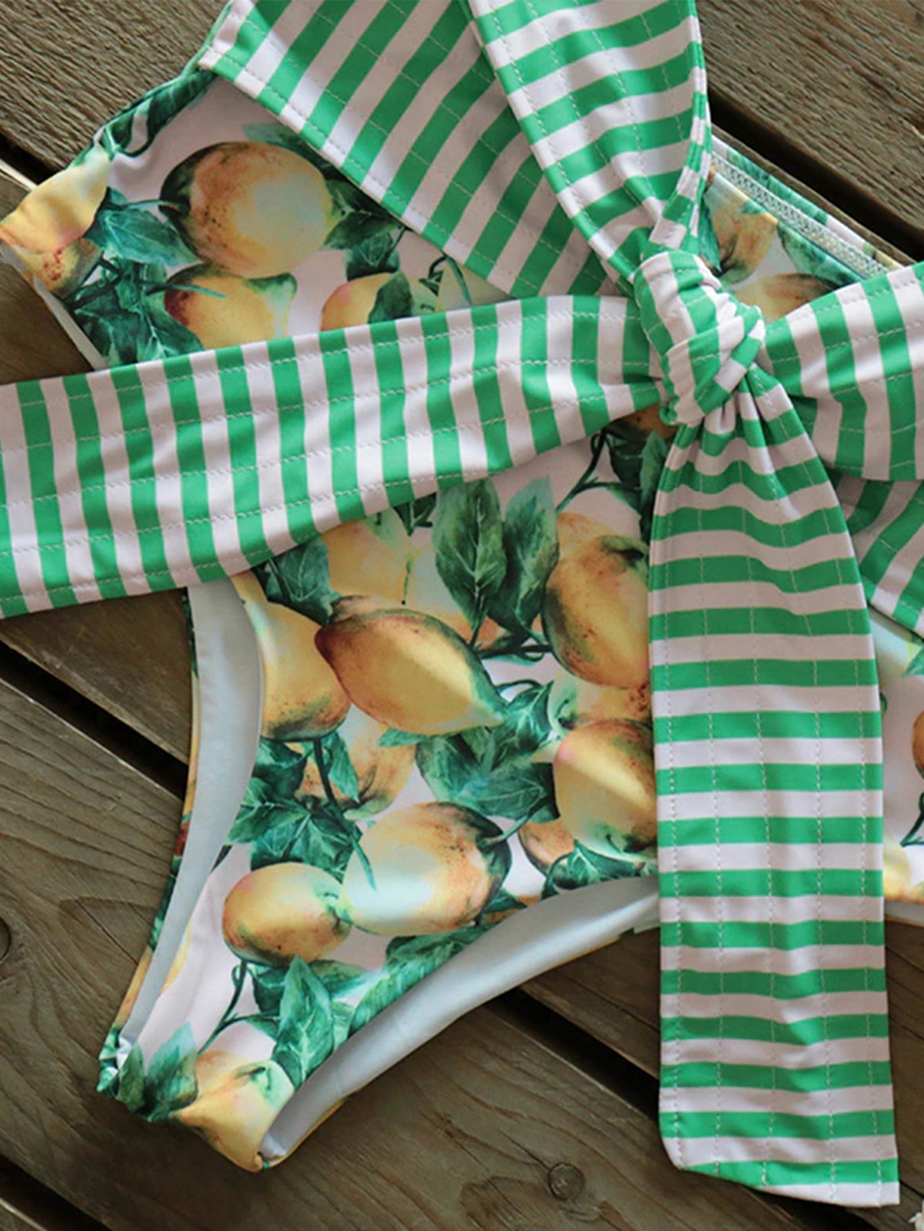 Ruffle Shoulder Lemon Print Bikini Set