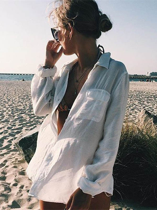 Simple Solid Color Button Long Sleeve Shirt-Style Cover-Up Swimwear