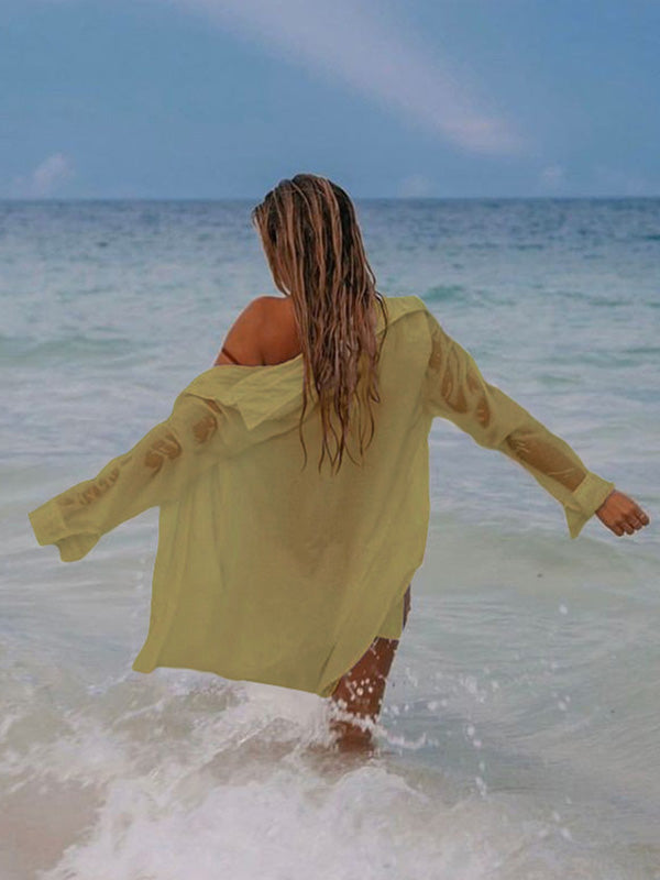 Simple Solid Color Button Long Sleeve Shirt-Style Cover-Up Swimwear