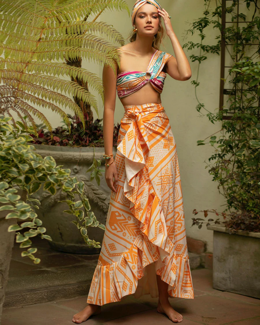One Shoulder Printed Bikini and Ruffled Cover Up