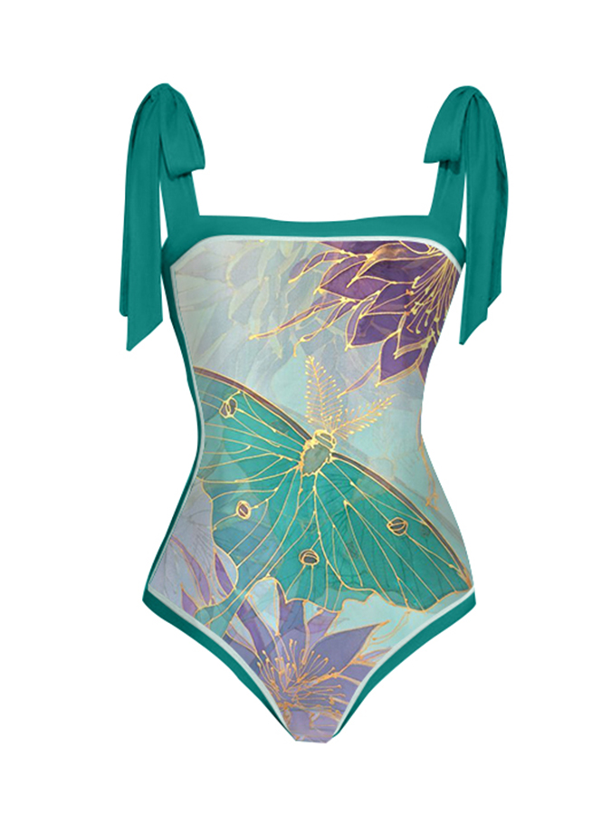 Vintage Butterfly Floral Print One-Piece Swimsuit