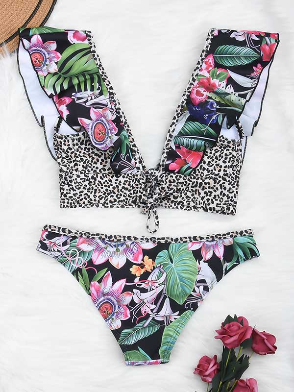 Floral Printed Deep V-Neck  Hipster Bikini