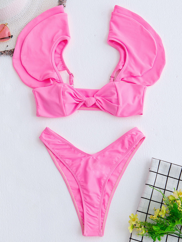 Solid Color Short Sleeve Falbala Bralette Bikini