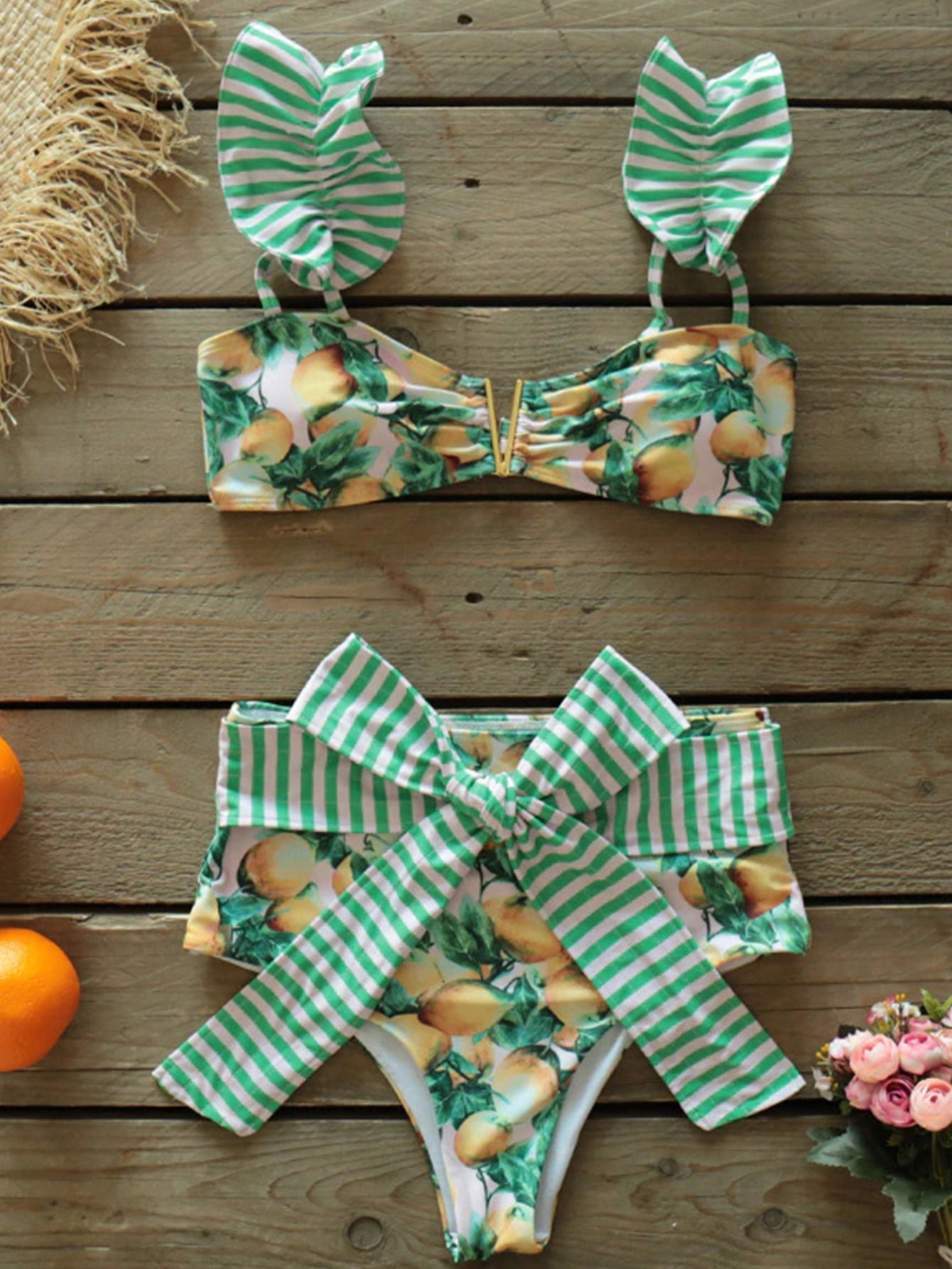 Ruffle Shoulder Lemon Print Bikini Set