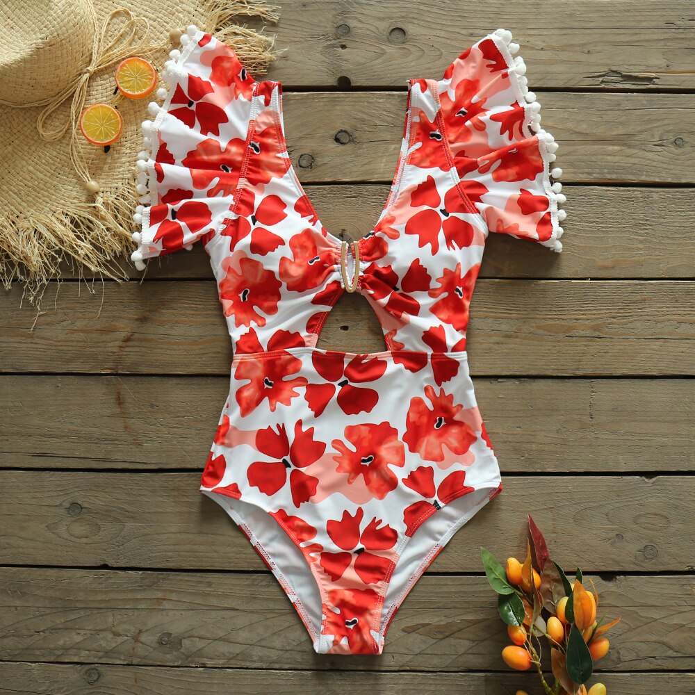 Print One Piece V-Neck Hollow Swimsuit