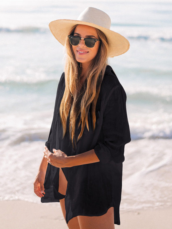 Simple Solid Color Button Long Sleeve Shirt-Style Cover-Up Swimwear