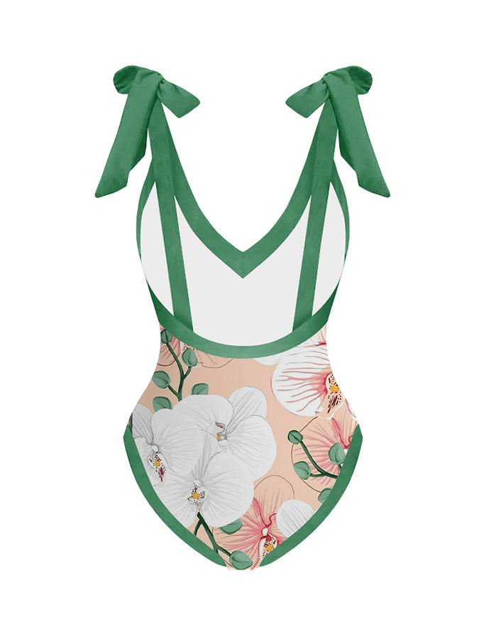 Print Lace-Up Panel One-Piece Swimsuit
