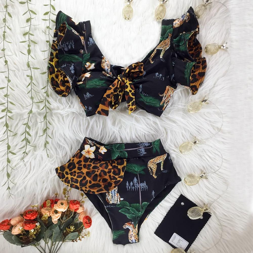 Ruffle Lace Up Jungle Bikini Swimsuit
