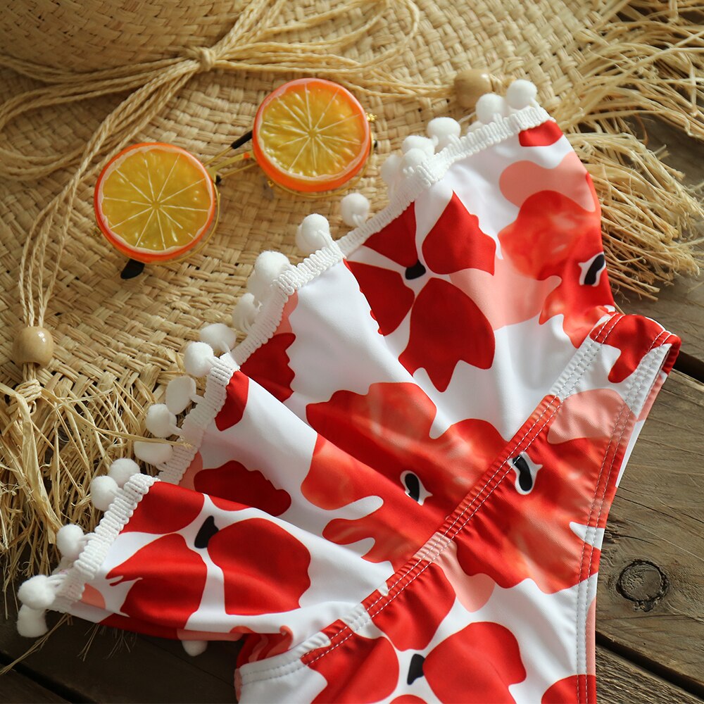 Print One Piece V-Neck Hollow Swimsuit