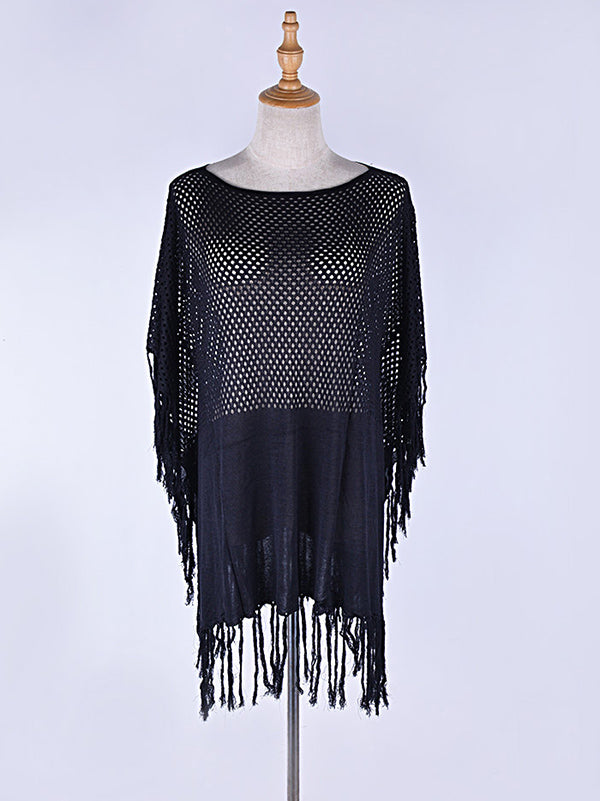 Solid Color Hollow Split-Joint Tasseled Crochetgo Bat Sleeve Cover-Ups