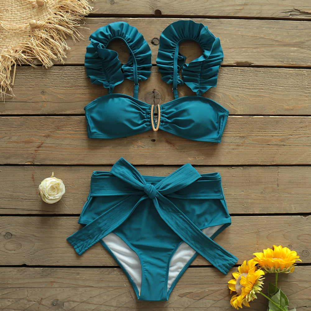 Solid Blue Strappy Bikini Set