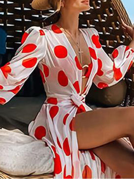 Polka-Dot Floral-Print Puff Sleeves Dress