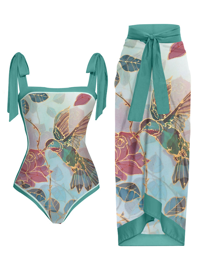 Vintage Bird Flower Print One-Piece Swimsuit