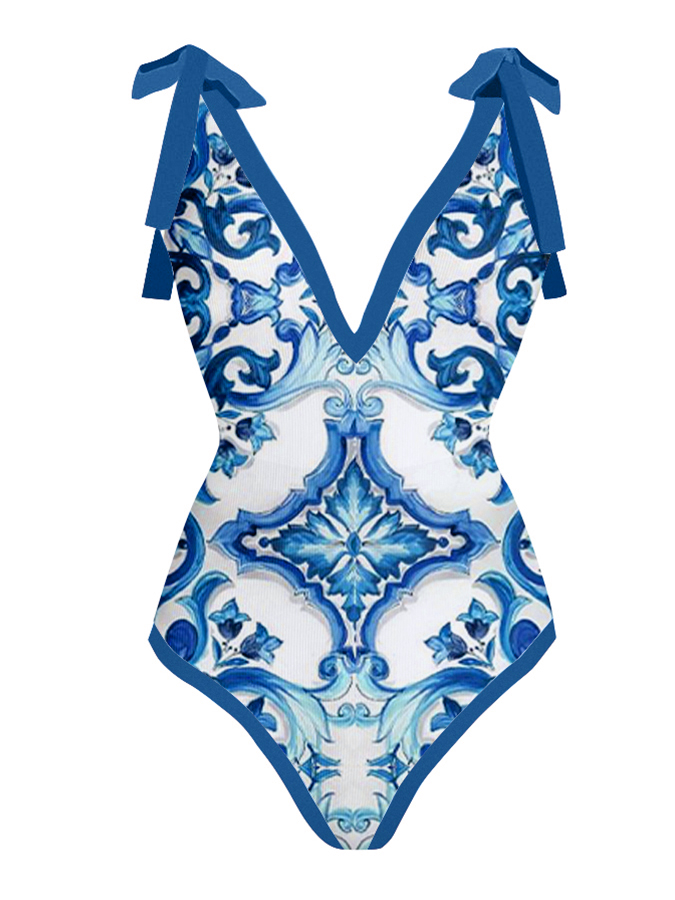 Fashion Vintage V-Neck Print One-Piece Swimsuit Set