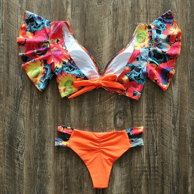 Sexy Ruffle Strappy Floral Bikini Set