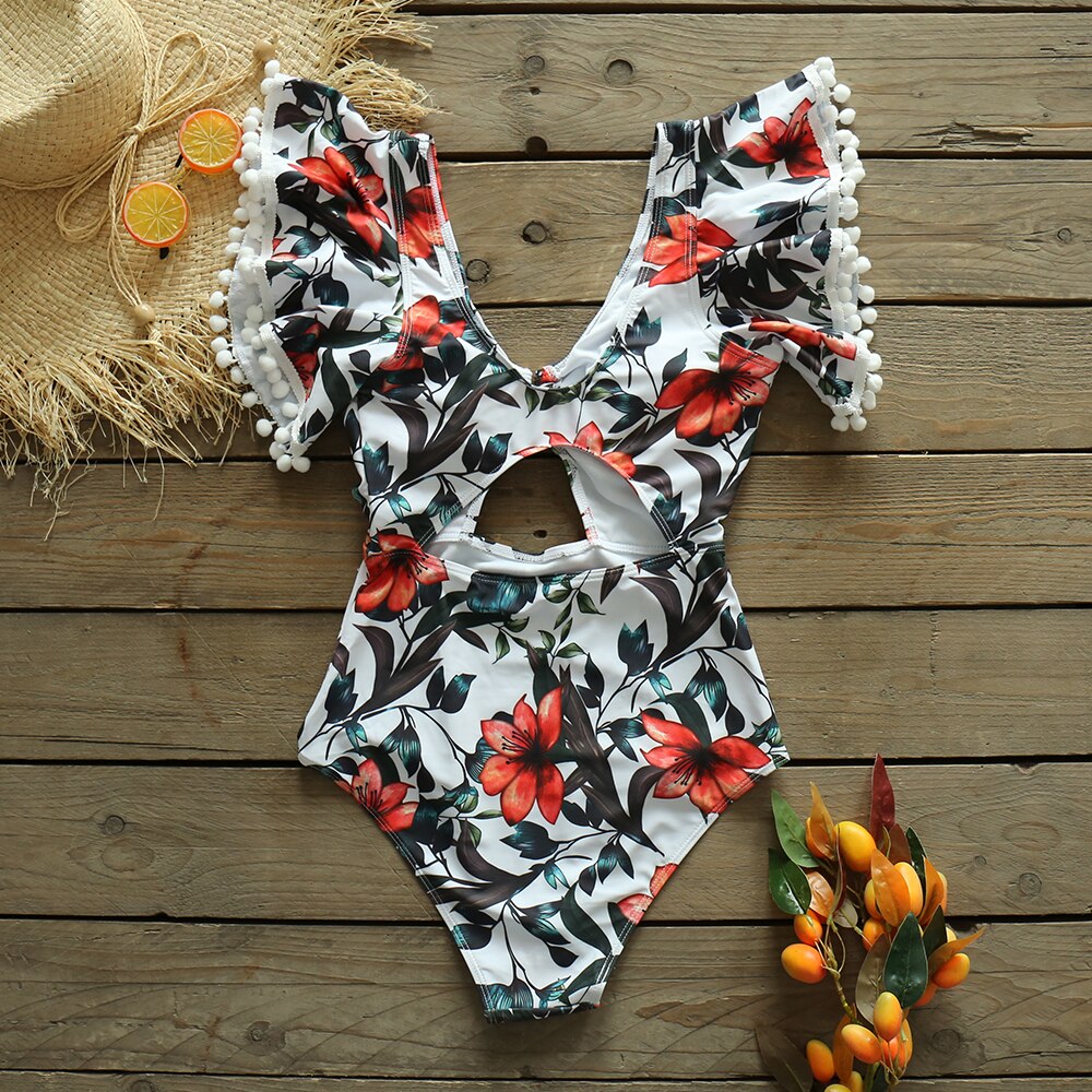Print One Piece V-Neck Hollow Swimsuit