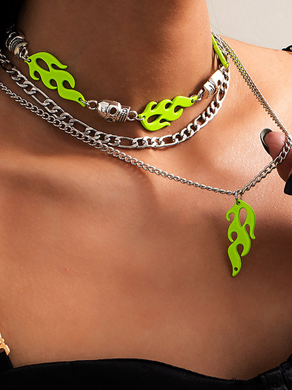 Fluorescent Flame Skull Geometric Multilayer Necklace