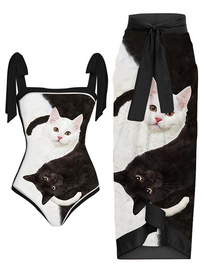 Vintage Colorblock Cat Print One-Piece Swimsuit Set