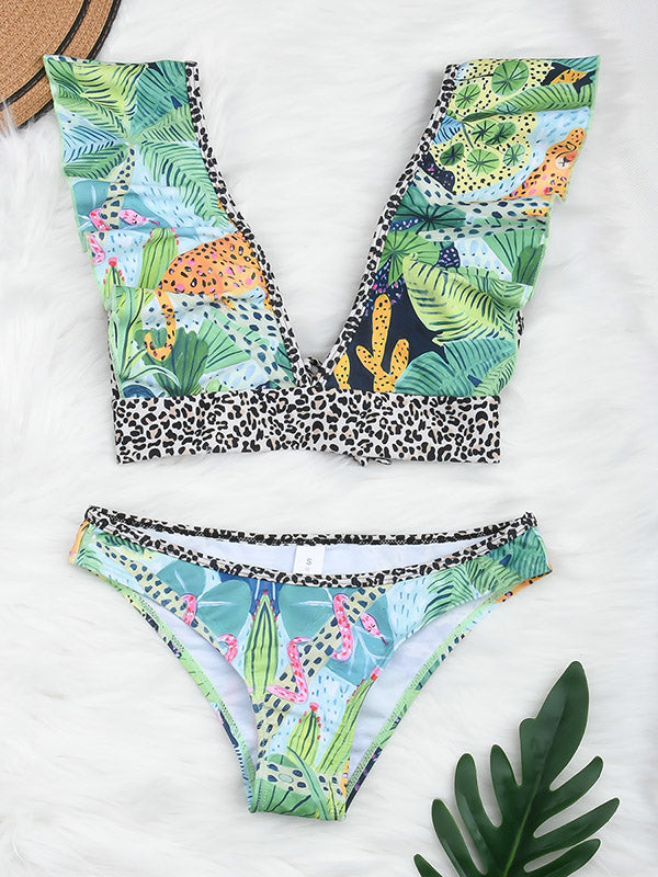Floral Printed Deep V-Neck  Hipster Bikini