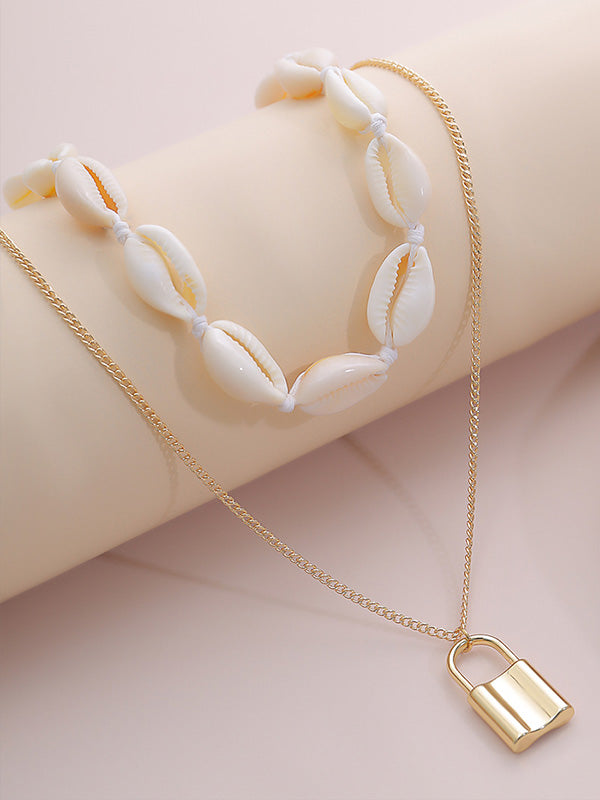 Fashion Mix And Match Shell Lock Double-Layer Necklace