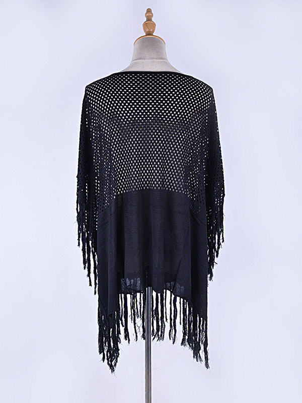 Solid Color Hollow Split-Joint Tasseled Crochetgo Bat Sleeve Cover-Ups