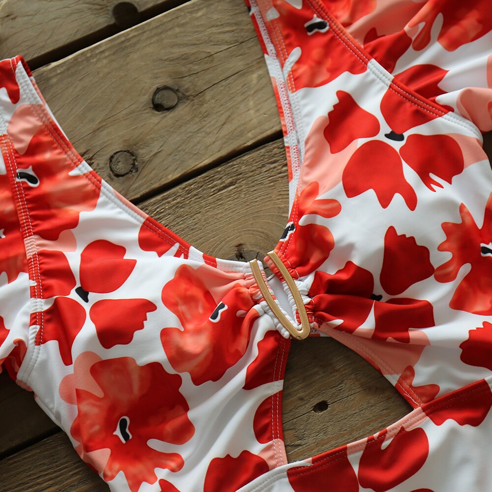 Print One Piece V-Neck Hollow Swimsuit