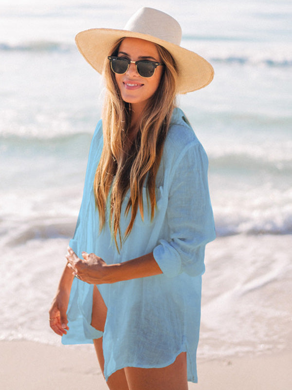 Simple Solid Color Button Long Sleeve Shirt-Style Cover-Up Swimwear