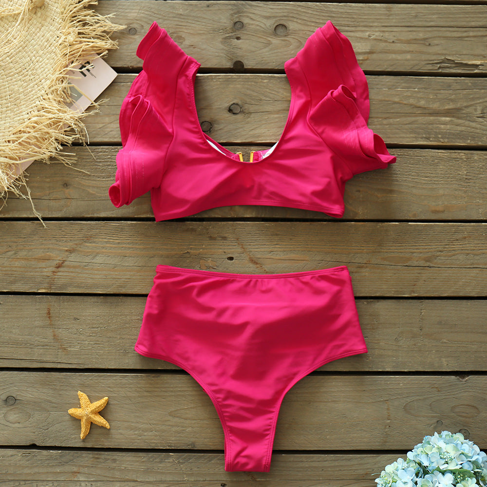 Ruffles Solid High Waist Bikini Set