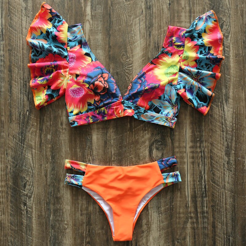 Sexy Ruffle Strappy Floral Bikini Set