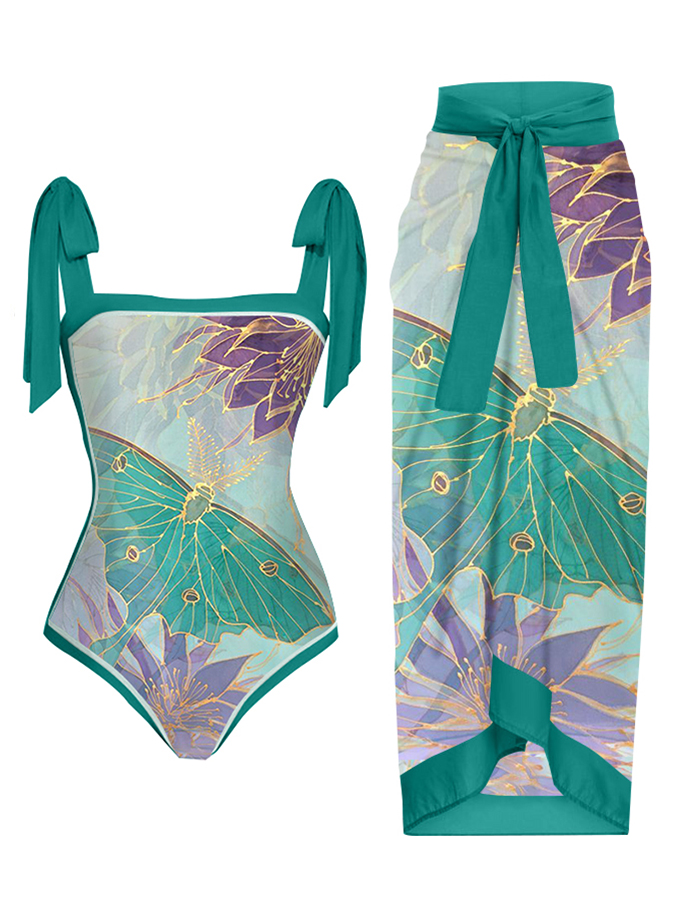 Vintage Butterfly Floral Print One-Piece Swimsuit