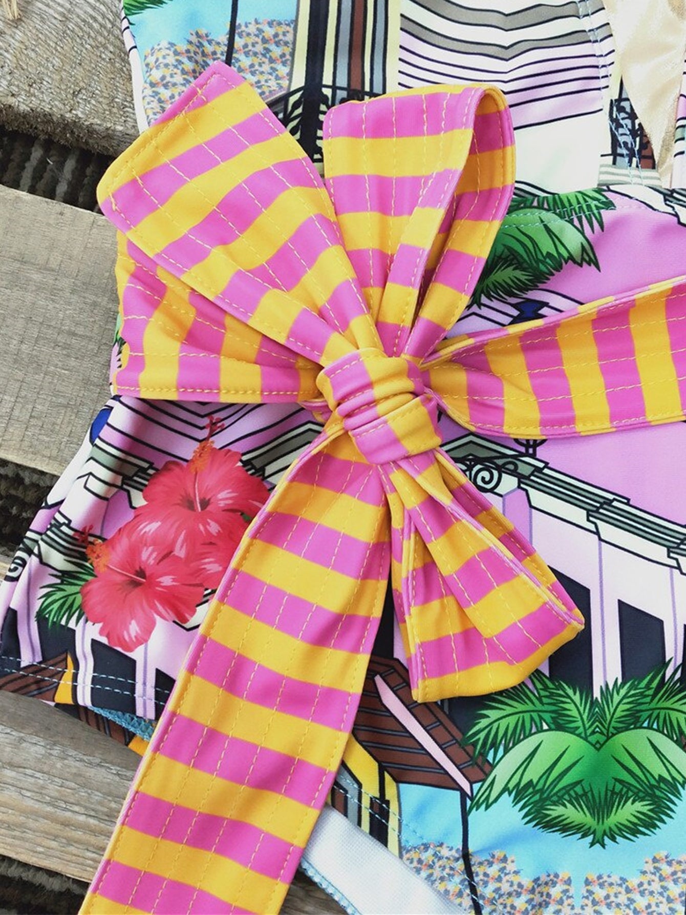 Ruffle Print Belt One Piece Swimsuit